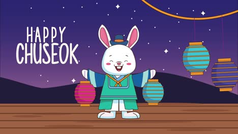 happy chuseok lettering with rabbit lifting lanterns