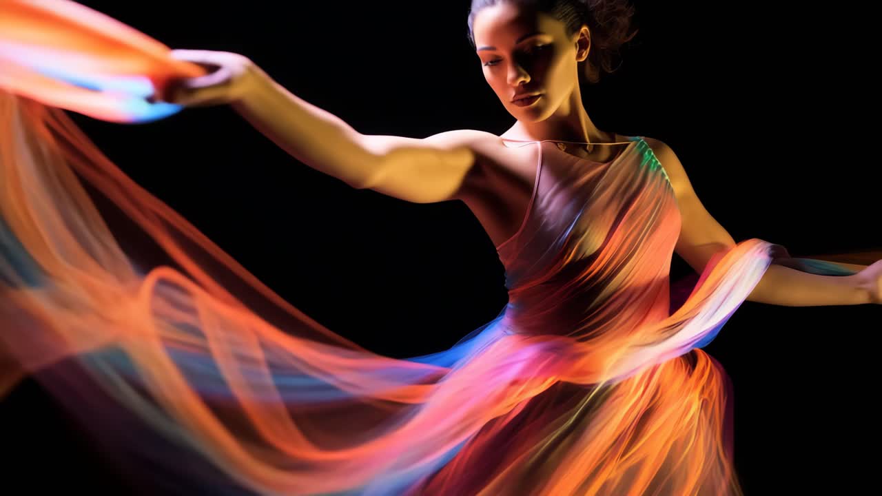 Dynamic video still of a dancer in motion, captured from a low angle
