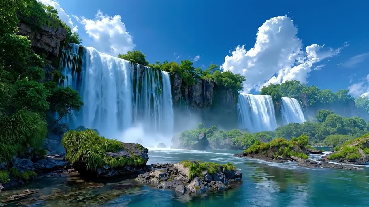 A large waterfall in the middle of a lush green forest | Premium Stock ...