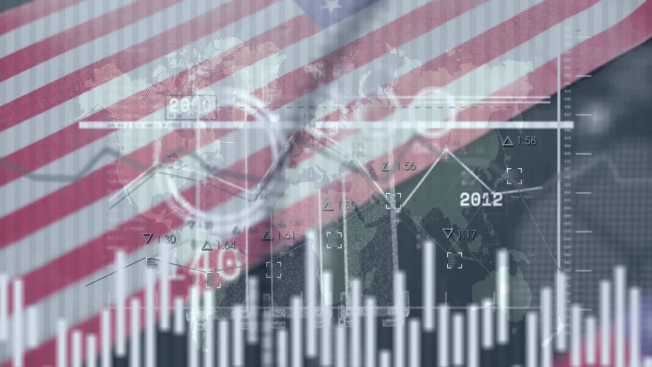 Animation of financial data and graphs overlaid on American flag and world map
