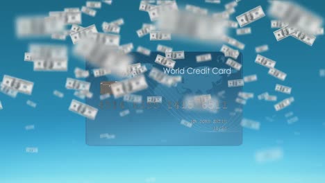 animation of american dollar banknotes falling over credit card