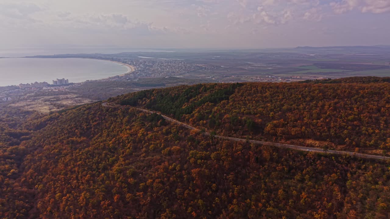 Vibrant autumn landscape over coastal Bulgaria with colorful foliage