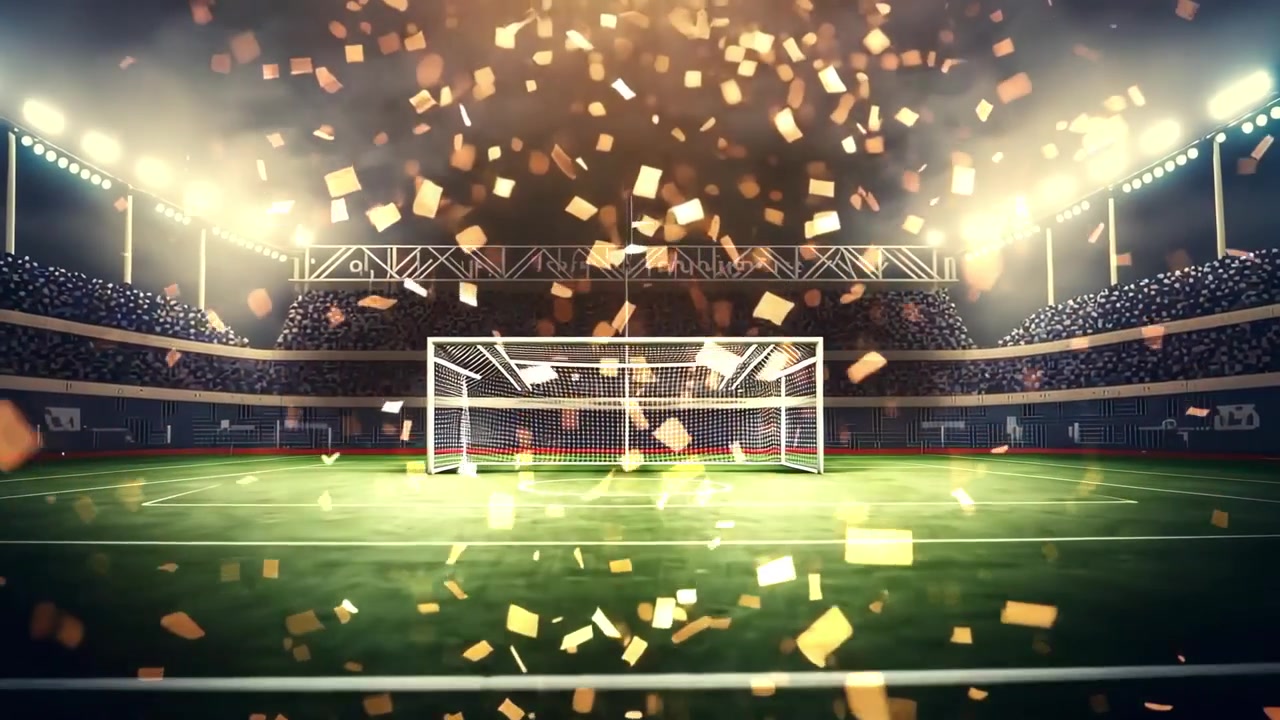Drifting golden confetti squares swirling, bouncing on turf around white goal net under floodlights