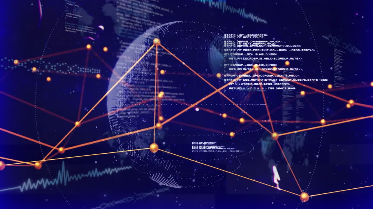 Animation of digital globe with data points and lines over world map background
