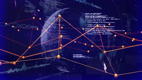 animation of digital globe with data points and lines over world map background