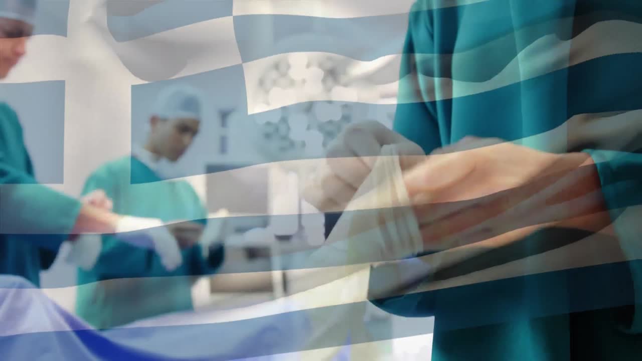 animación de la bandera de grecia ondeando sobre los cirujanos en el quirófano
