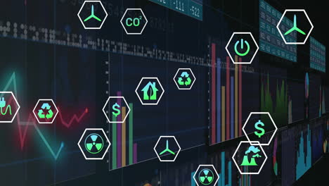 animation of network of eco icons and data processing