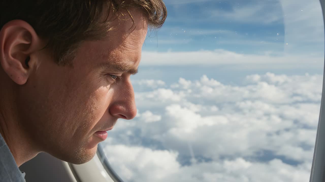 Gazing male traveler in collared shirt, cloudscape outside drawing gaze, watching from plane window