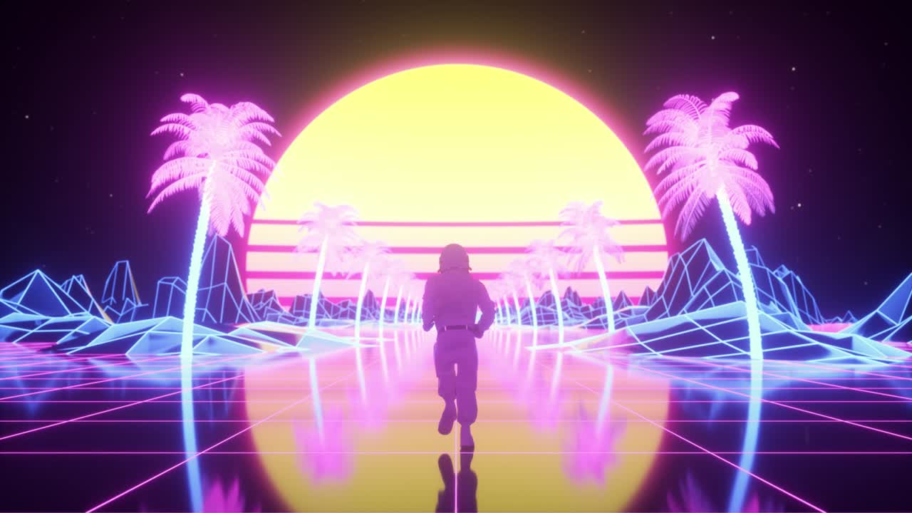 Astronauta che corre circondato da luci al neon lampeggianti. Sfondo synthwave in stile retrò anni '80.