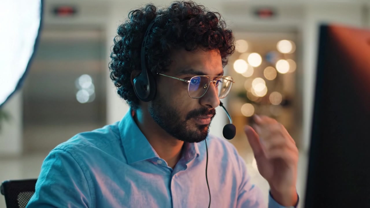 Focused Individual in Headset Engaging with Computer Screen in Intense Workspace Setting, Capturing Moments of Concentration and Technology Interaction