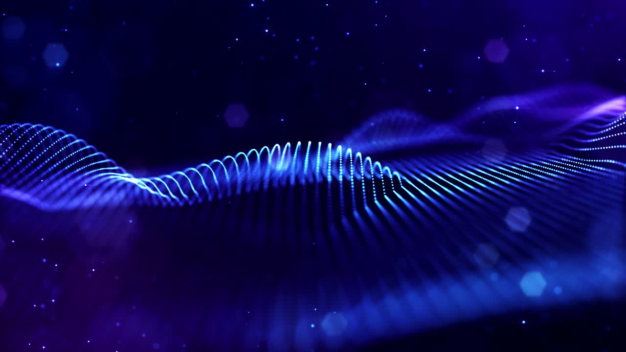 4k looped sci-fi particle background of microworld or space with bokeh and light effects. Glow blue particles form lines, surfaces, complex string structures in smooth motion.