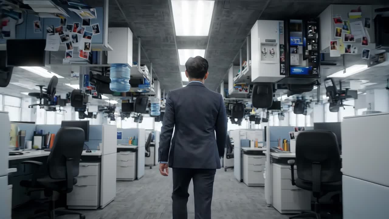 Businessman Walking Through a Surreal Inverted Office Environment