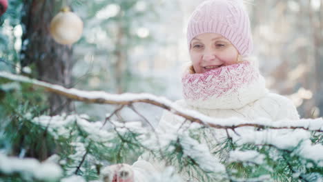 una mujer de mediana edad con un gorro tejido decora un árbol de año nuevo en un bosque cubierto de nieve