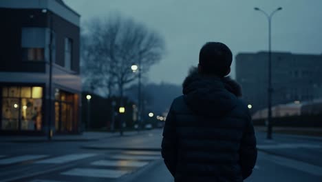 man walking alone on a street at night