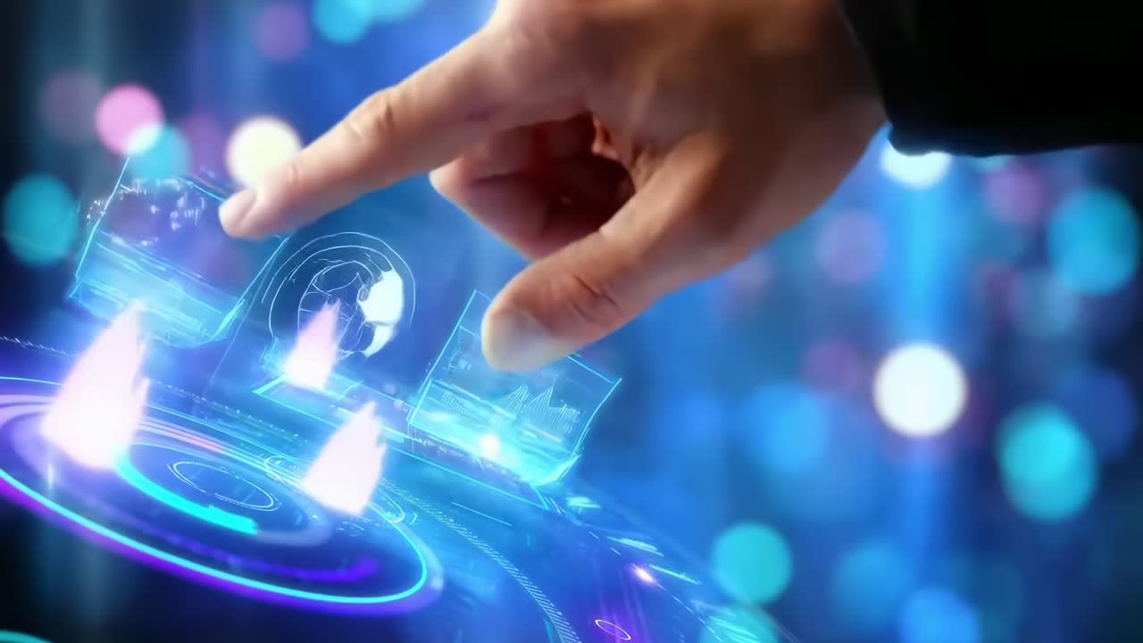 Futuristic video concept with a close-up angle of a hand interacting with a digital interface