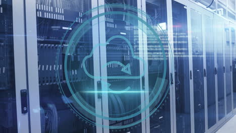 cloud computing symbol animation over server racks in data center
