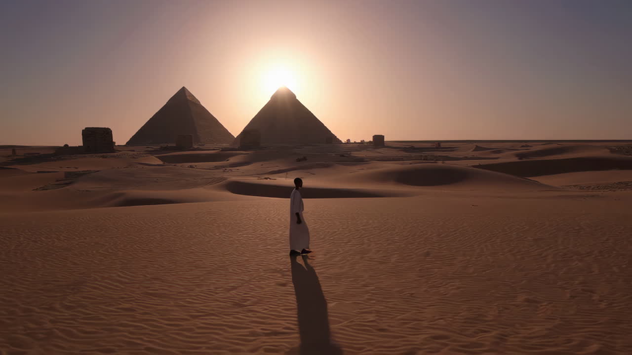 Man Walking in the Egyptian Desert near the Pyramids at Sunset