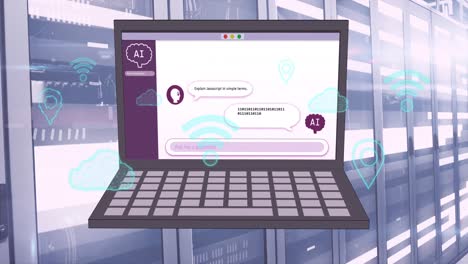 animación de chat en el portátil y procesamiento de datos en la sala de servidores de la computadora