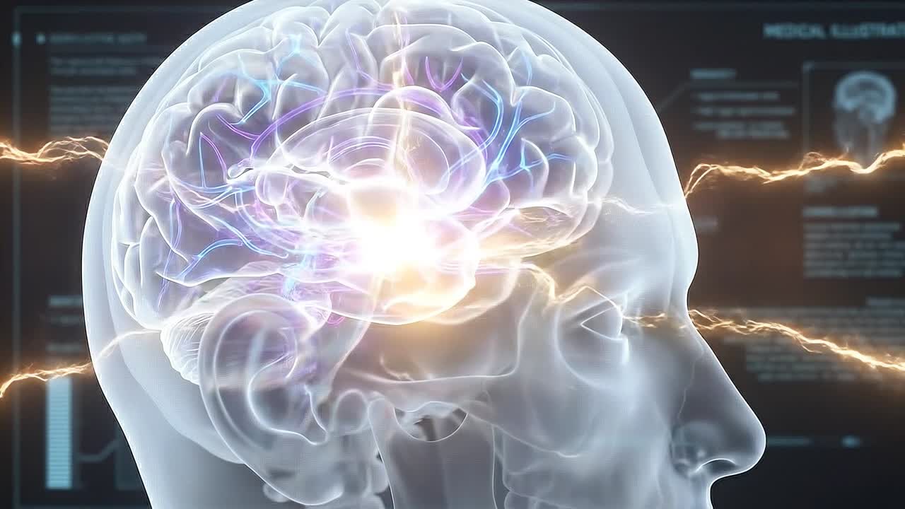 Primo piano di un cranio trasparente con attività cerebrale evidenziata e connessioni neurali colorate in un display di interfaccia medica avanzata