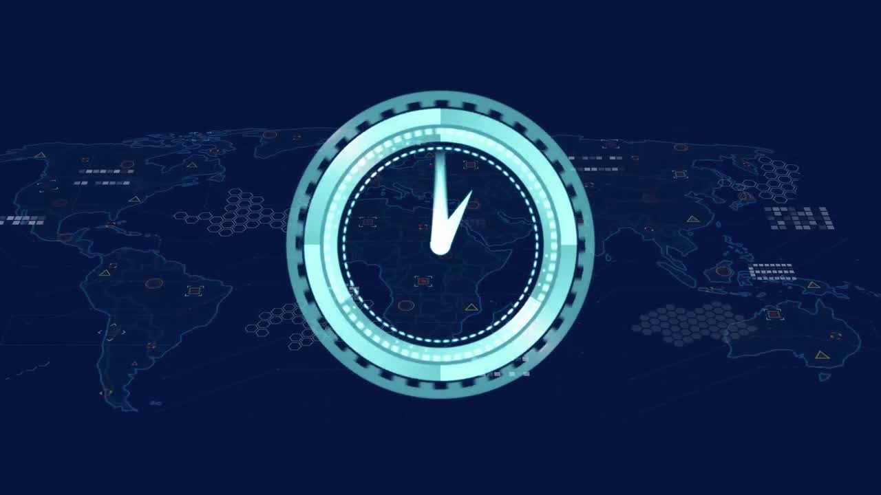 animación del reloj de neón sobre el mapa del mundo y procesamiento de datos contra un fondo azul