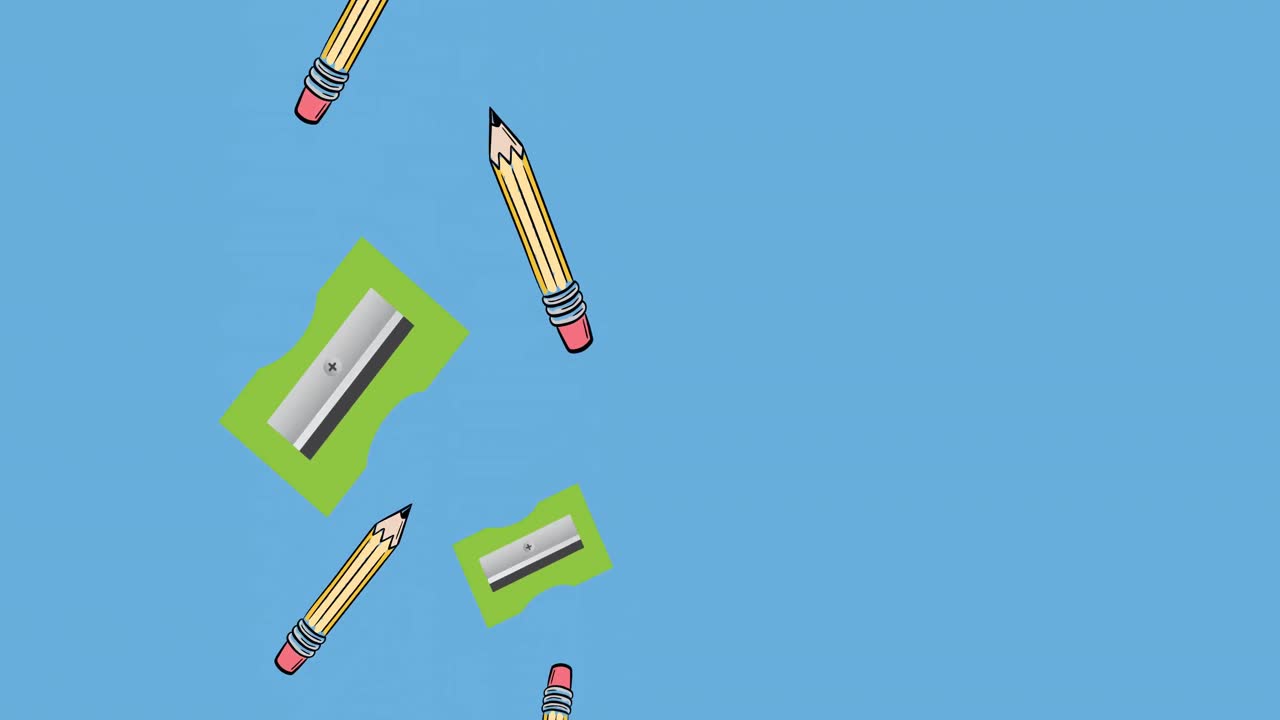 animación de lápices, borradores y afiladores de lápices que caen sobre un fondo azul