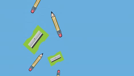 animation of pencils, erasers and pencil sharpeners falling on blue background