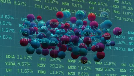 animation of pink and blue baubles over stock market data on green background