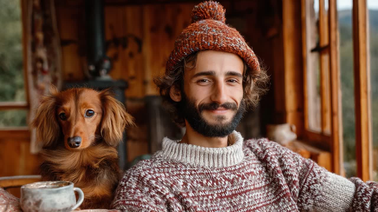 A Cozy Moment Between a Man and His Dog: Embracing Warmth and Companionship in a Rustic Wooden Setting with Coffee and Comforting Sweaters