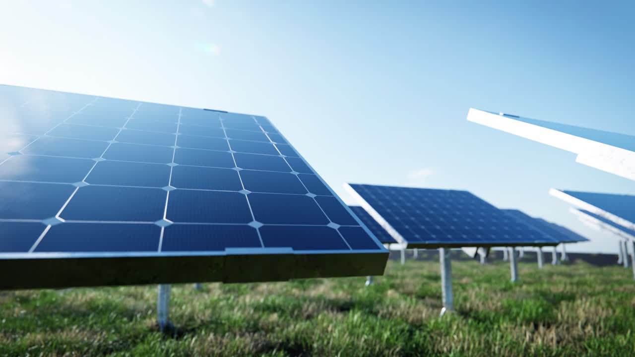 Pannelli solari che producono energia pulita e rinnovabile in un campo verde