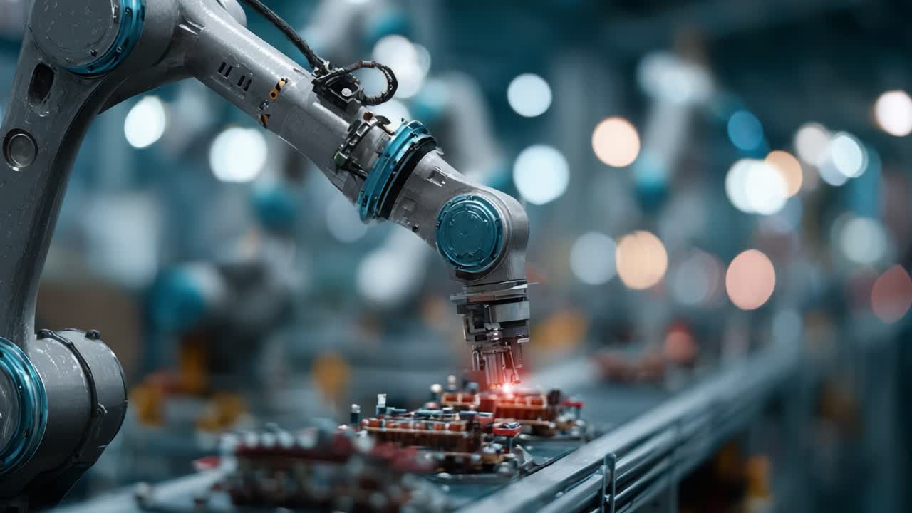 Advanced Robotic Arm in a High-Tech Manufacturing Facility Executing Precision Assembly Tasks on Complex Circuit Components with Enhanced Efficiency and Accuracy