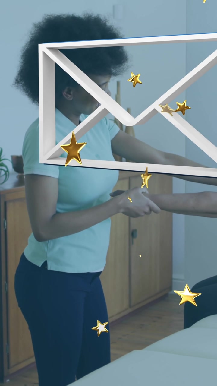 Animation of envelope icons over african american female doctor with patient
