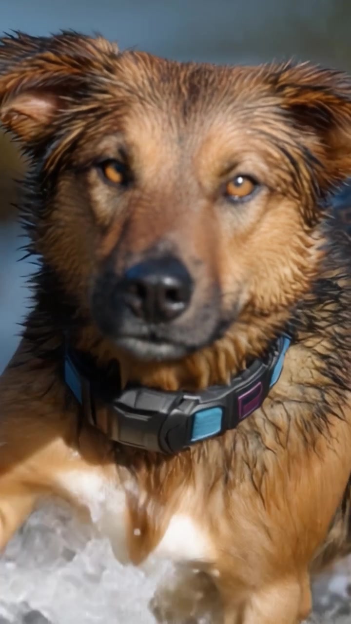 Un cane giocoso si diverte a sguazzare nell'acqua, momenti catturati di gioia e avventura con pelo scintillante ed espressione coinvolgente, che evidenzia perfettamente l'energia canina.