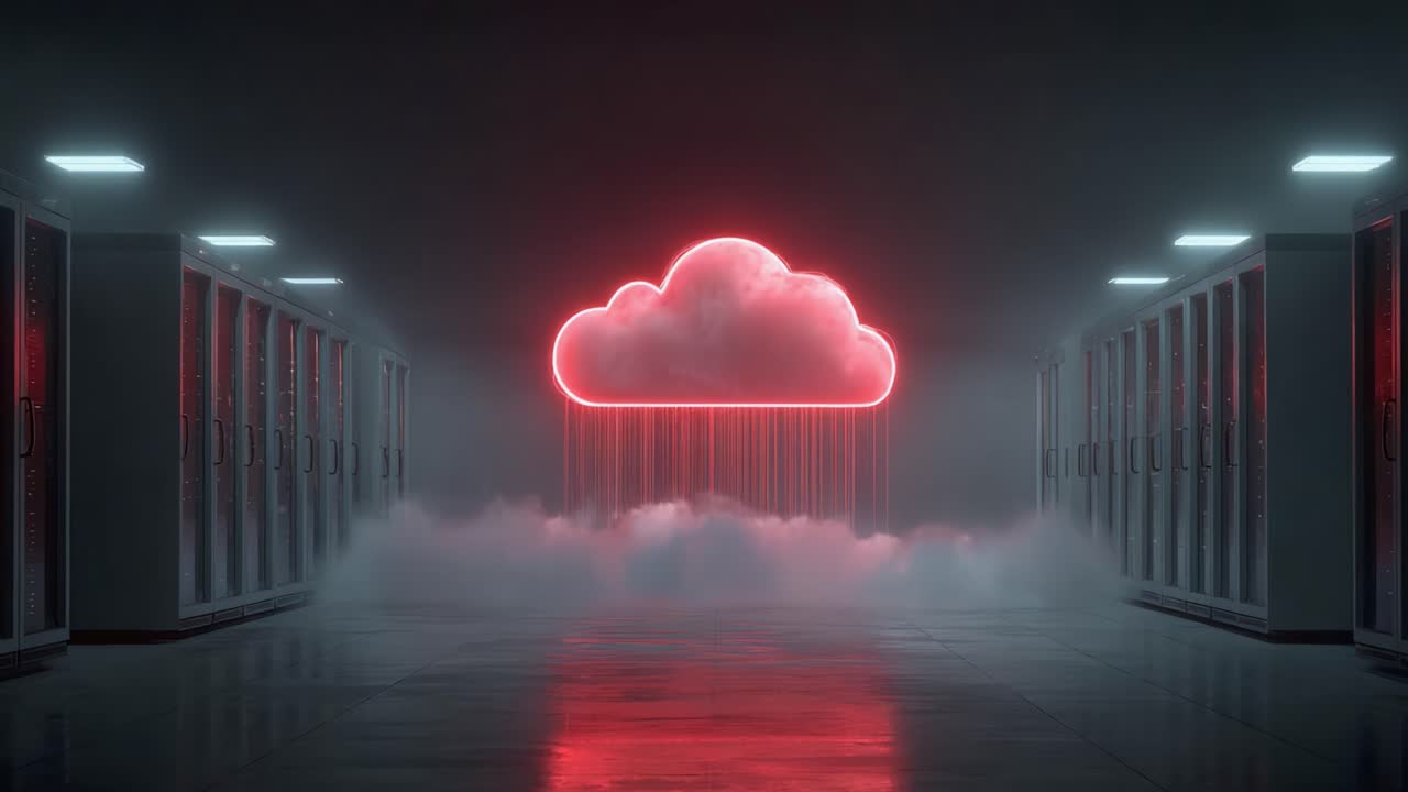 A Futuristic Concept of Cloud Computing Illustrated with a Neon Cloud Icon, Illuminating Data Servers in a Dark, Misty Environment for Visual Impact