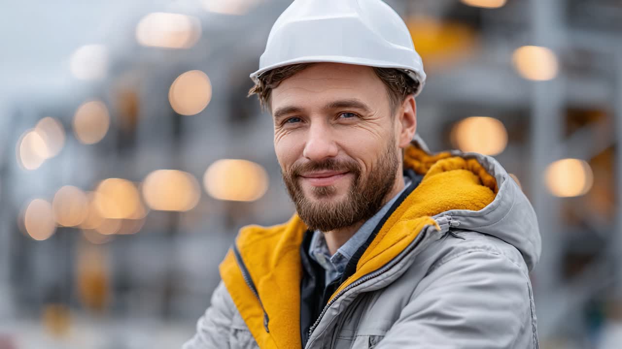 Confident Construction Worker Smiling in Safety Gear at a Job Site, Showcasing Professionalism and Dedication to His Craft