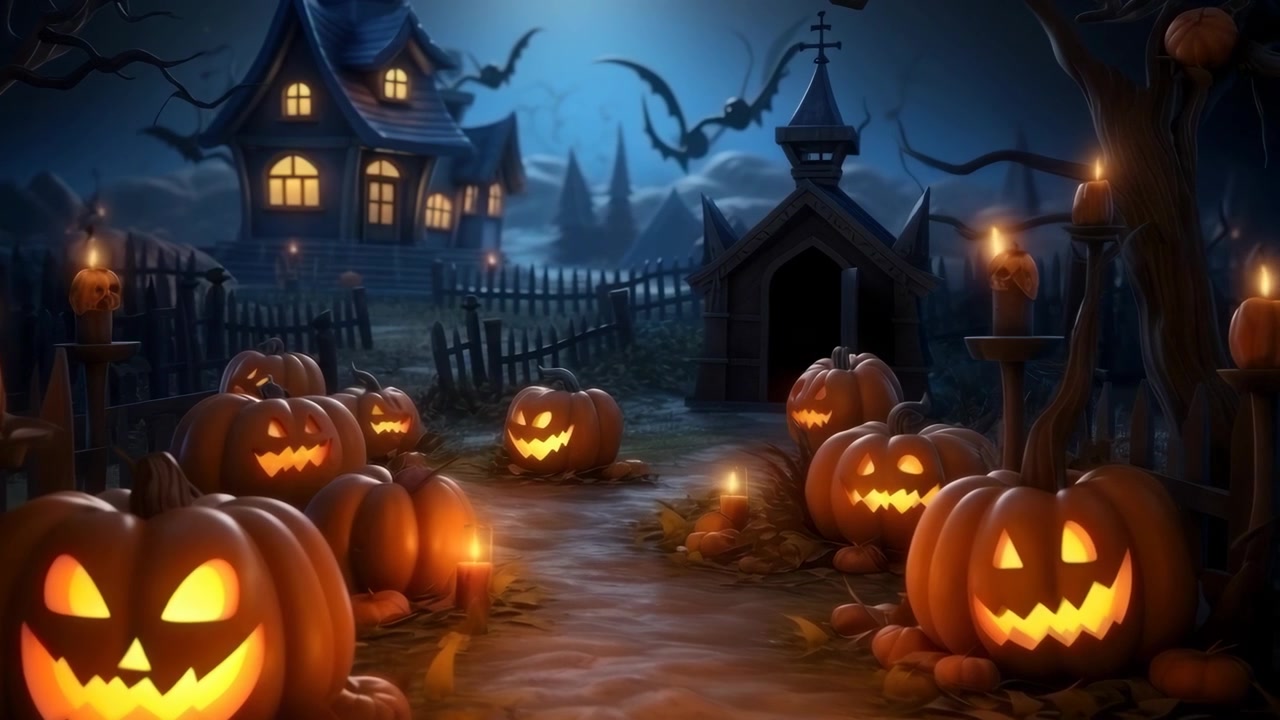 Scena spettrale di Halloween con zucche intagliate luminose e pipistrelli in volo