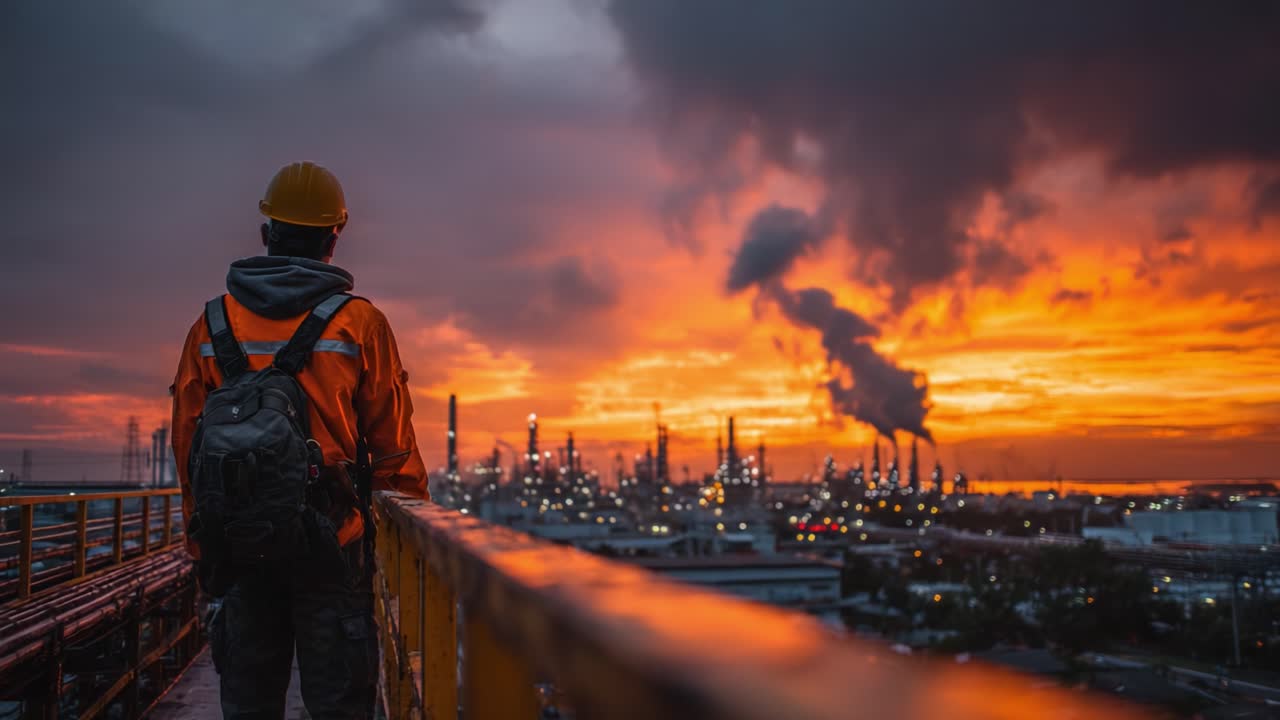 Industrial Worker Observing Vibrant Sunset Over Factory Skyline, Highlighting Environmental Impact and Urban Development Amidst Smoke and Energy Production
