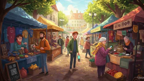 a lively marketplace scene filled with vibrant stalls, shoppers exploring various goods, and an inviting atmosphere under the warm sunshine, showcasing local culture and community spirit