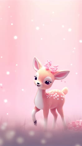 charming cartoon deer in a pastel pink forest, captured from a low angle