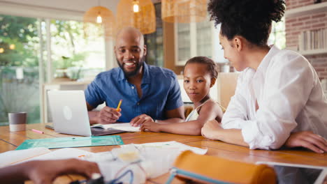 family around table at home using laptop with parents helping children with science homework