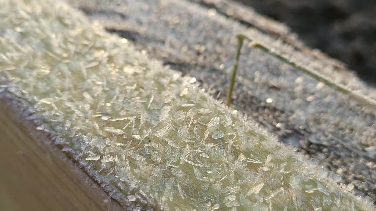 partículas de escarcha en la superficie de madera, macro vista de movimiento de primer plano