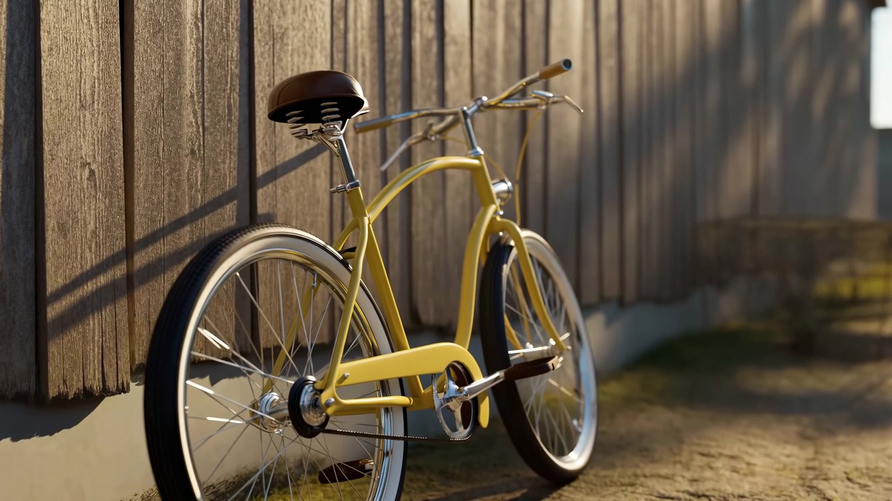 A yellow cruiser bicycle rests against a textured wooden plank fence on a sunlit dirt path. The rear wheel, chain guard, saddle and curved handlebars are