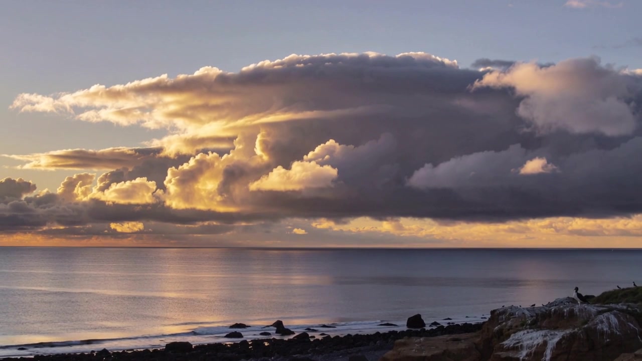 Strato di nuvole stratificate che si sposta e si illumina mentre il sole tramonta sopra una scogliera costiera con un uccello e il bagliore del mare