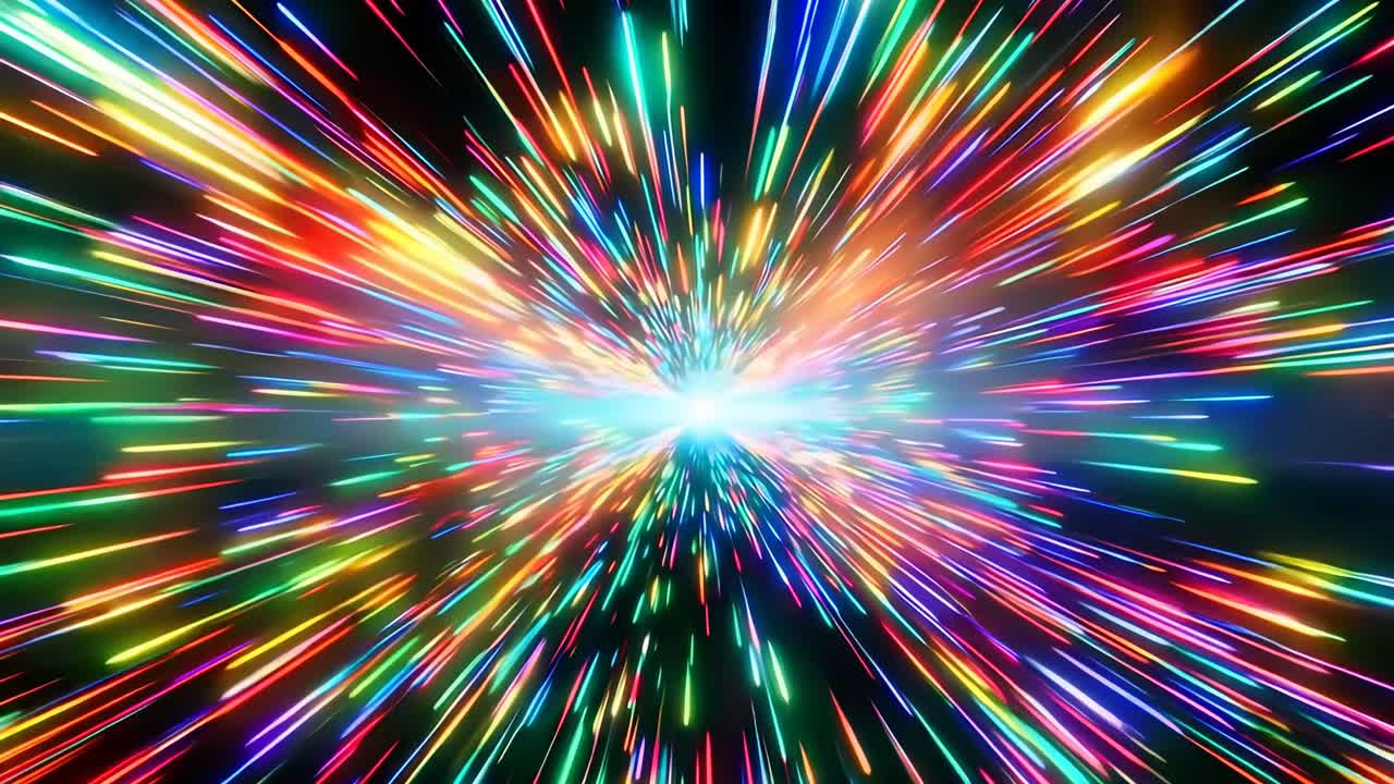 Dynamic video concept of colorful light streaks radiating from a central point, creating a tunnel