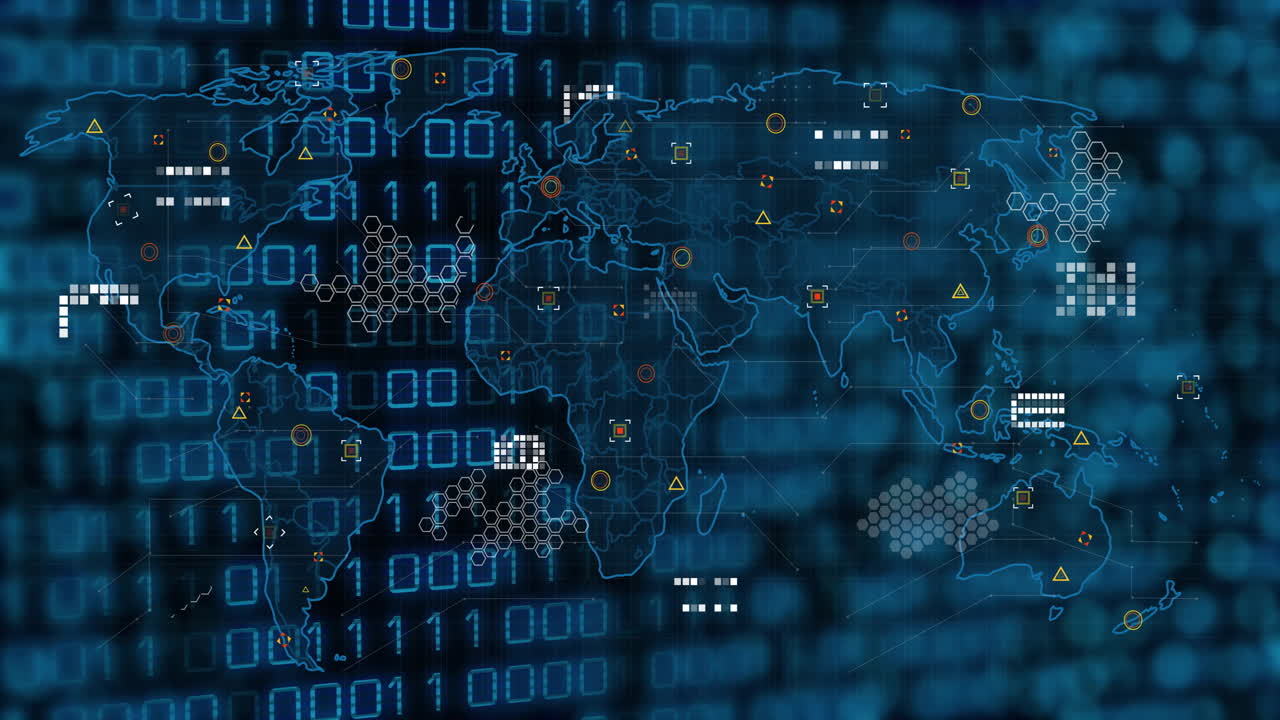Animation showing world map with digital data and network connections in school