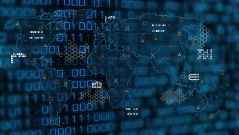 Animation showing world map with digital data and network connections in school