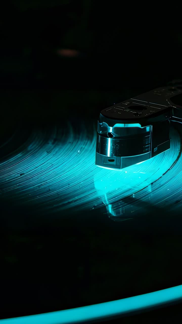 Vertical video: Spinning platter stylus riding grooves for music at studio cyan light, copy space