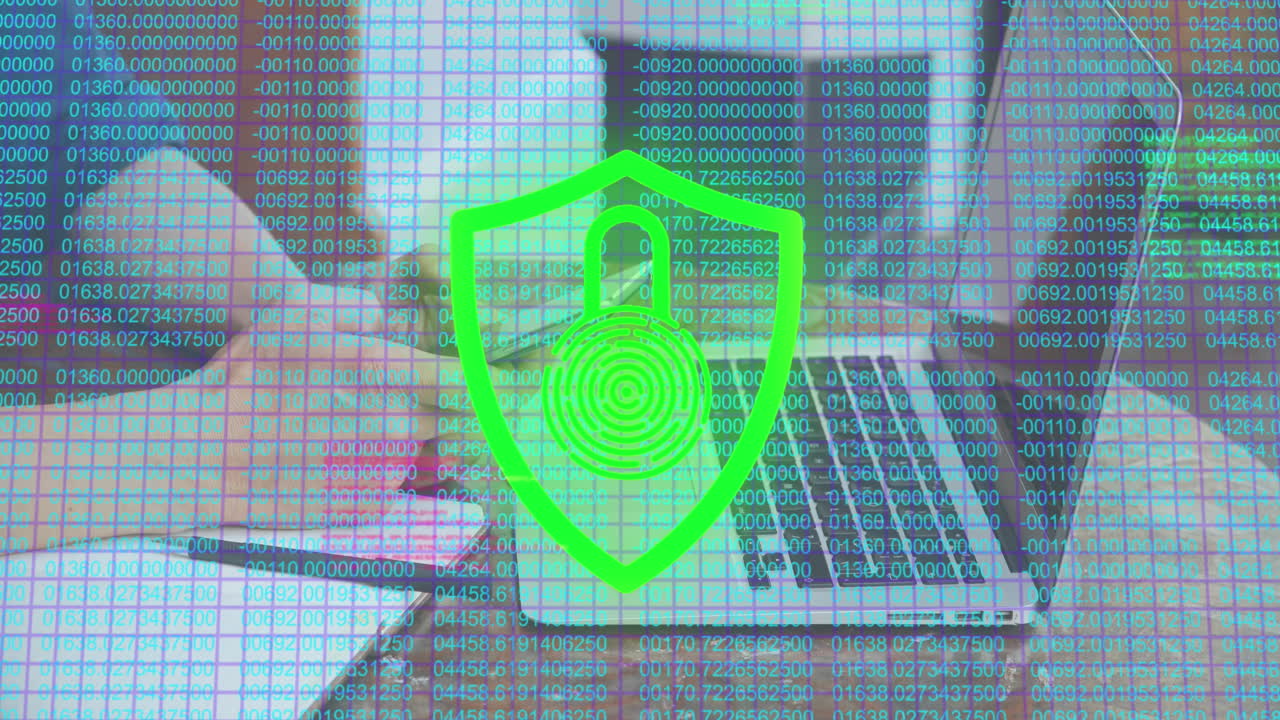 Animation of biometric padlock, data processing and networks over woman using laptop