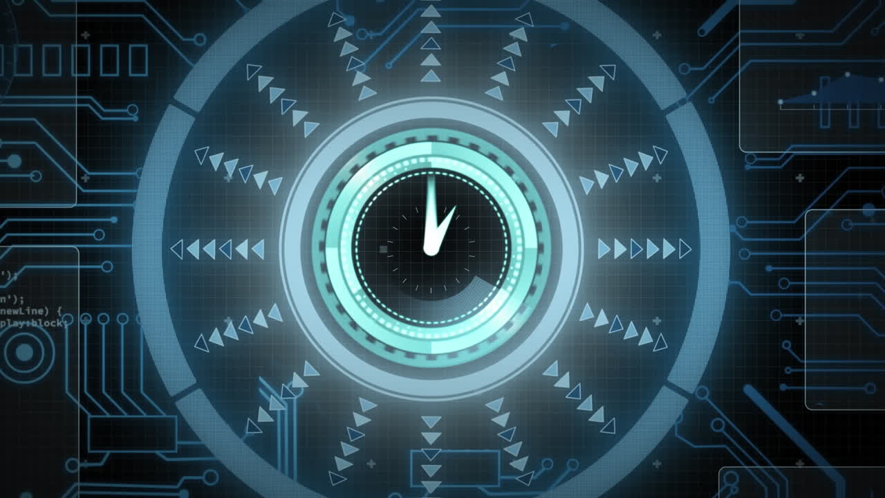 Animation of data processing with scope scanning with clock on black background