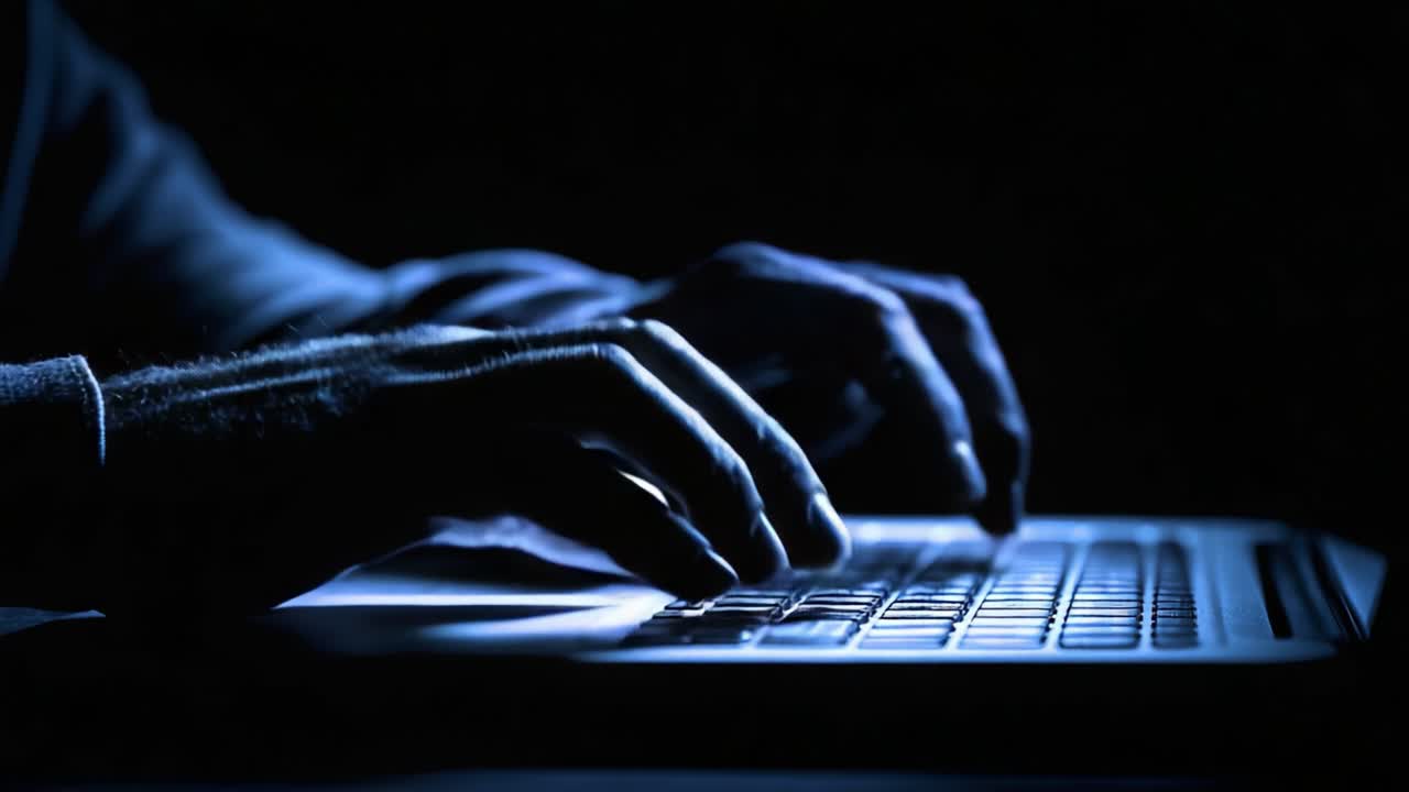 A Glimpse into the Shadows of Digital Communication: Focused Hands Engaged in Typing on a Laptop Keyboard in Dim Light