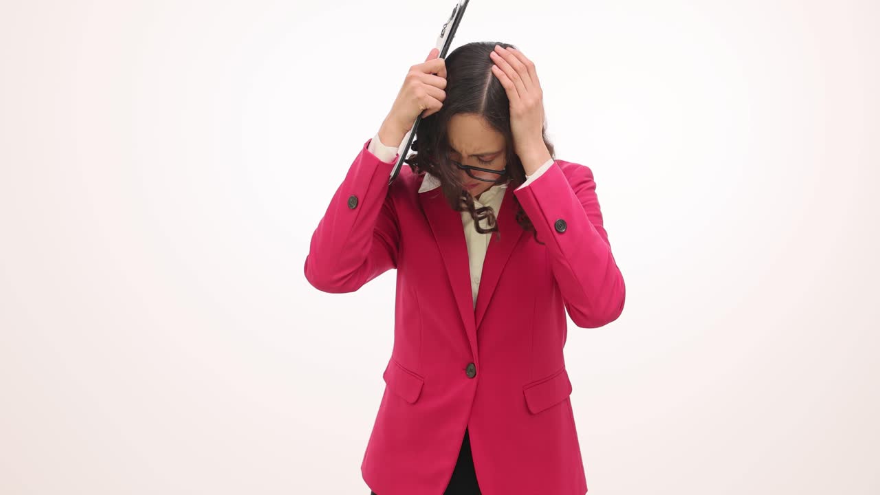 Stressed Businesswoman Holding Her Head and a Folder